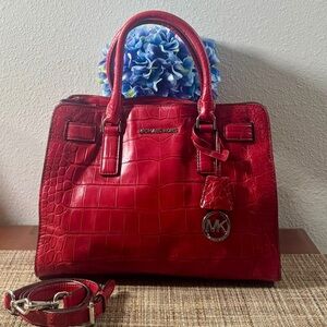 Michael Kors Red Croc Embossed Dillon Large Tote Bag